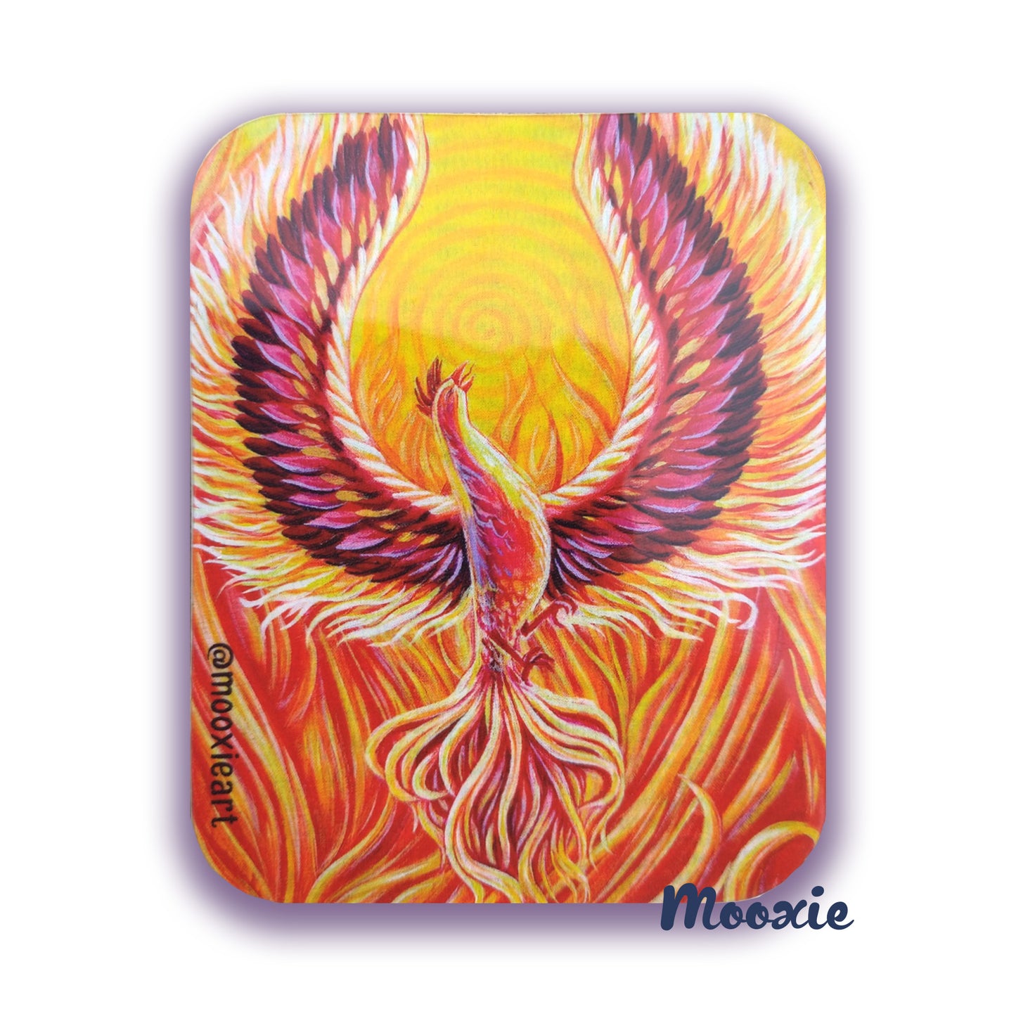 A sticker art print mockup of a colorful and fiery phoenix. Its wings raised high over a background of flowing fire, it lets out a call that creates a spiraling vibration. The divine feminine rises over adversity.